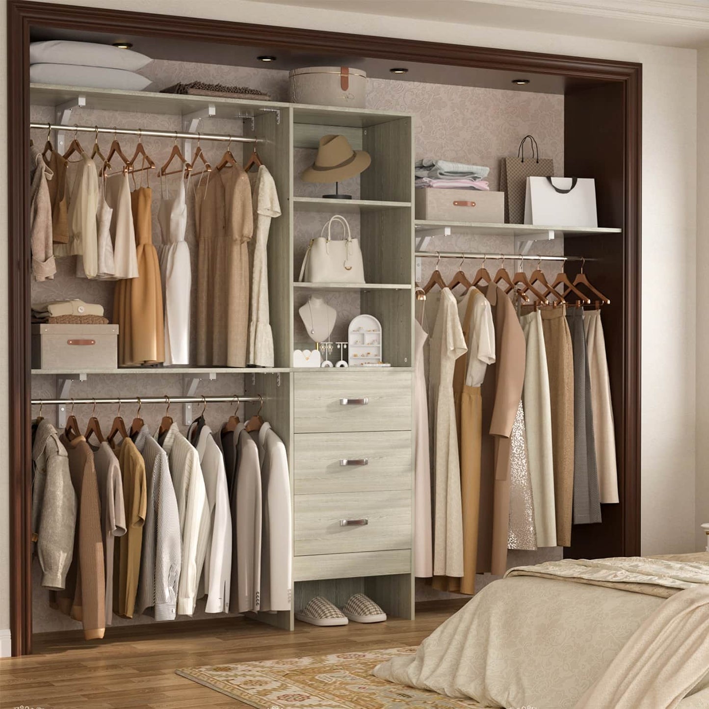 96-In Closet Organizer with Wood Drawers, Closet System with Hanging Rods and Storage Shelves