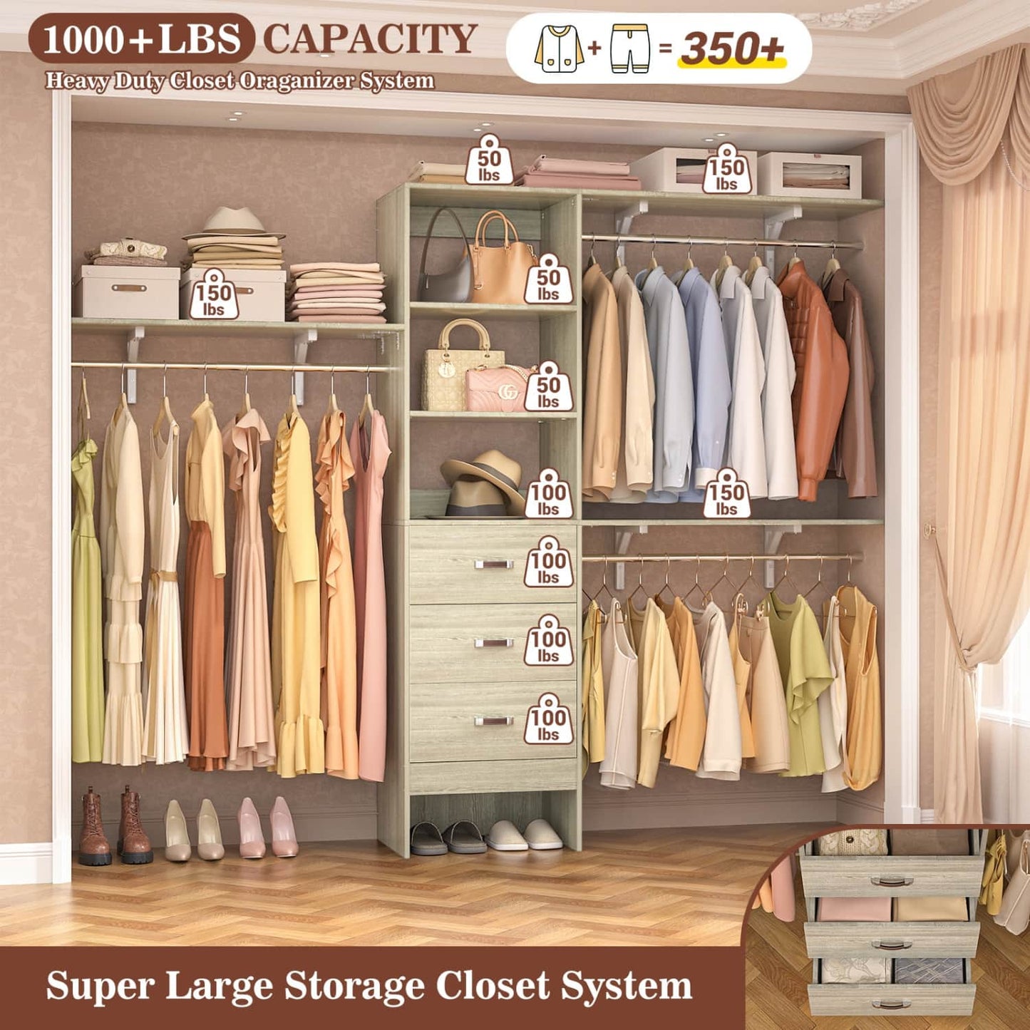 96-In Closet Organizer with Wood Drawers, Closet System with Hanging Rods and Storage Shelves