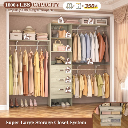 96-In Closet Organizer with Wood Drawers, Closet System with Hanging Rods and Storage Shelves