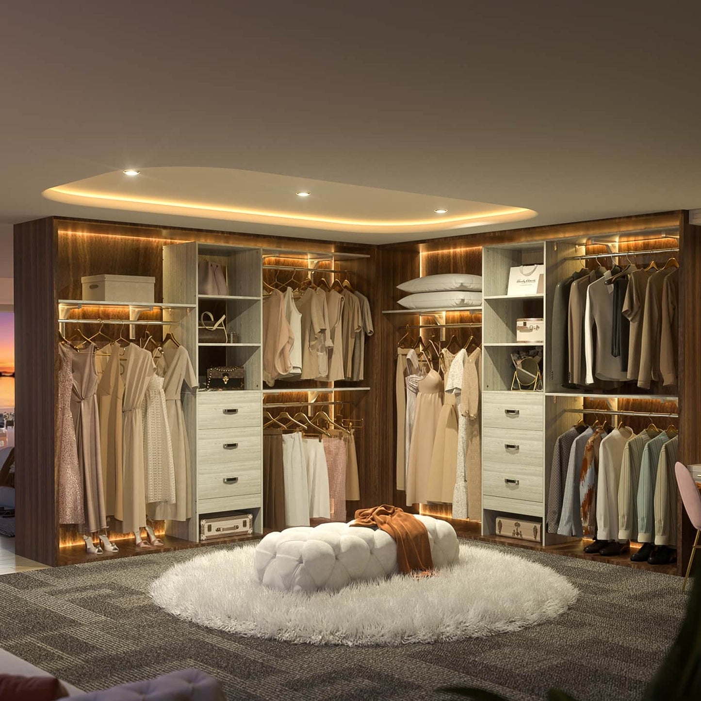 96-In Closet Organizer with Wood Drawers, Closet System with Hanging Rods and Storage Shelves