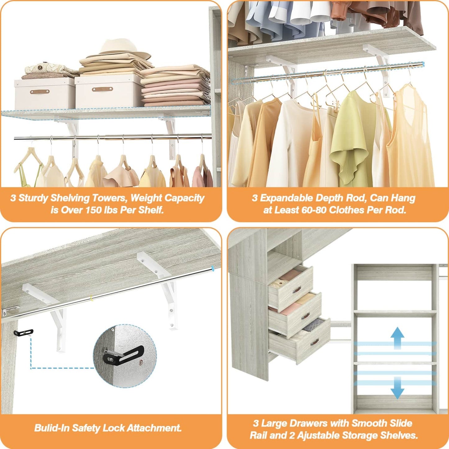 96-In Closet Organizer with Wood Drawers, Closet System with Hanging Rods and Storage Shelves