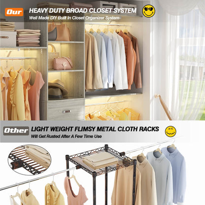 96-In Closet Organizer with Wood Drawers, Closet System with Hanging Rods and Storage Shelves