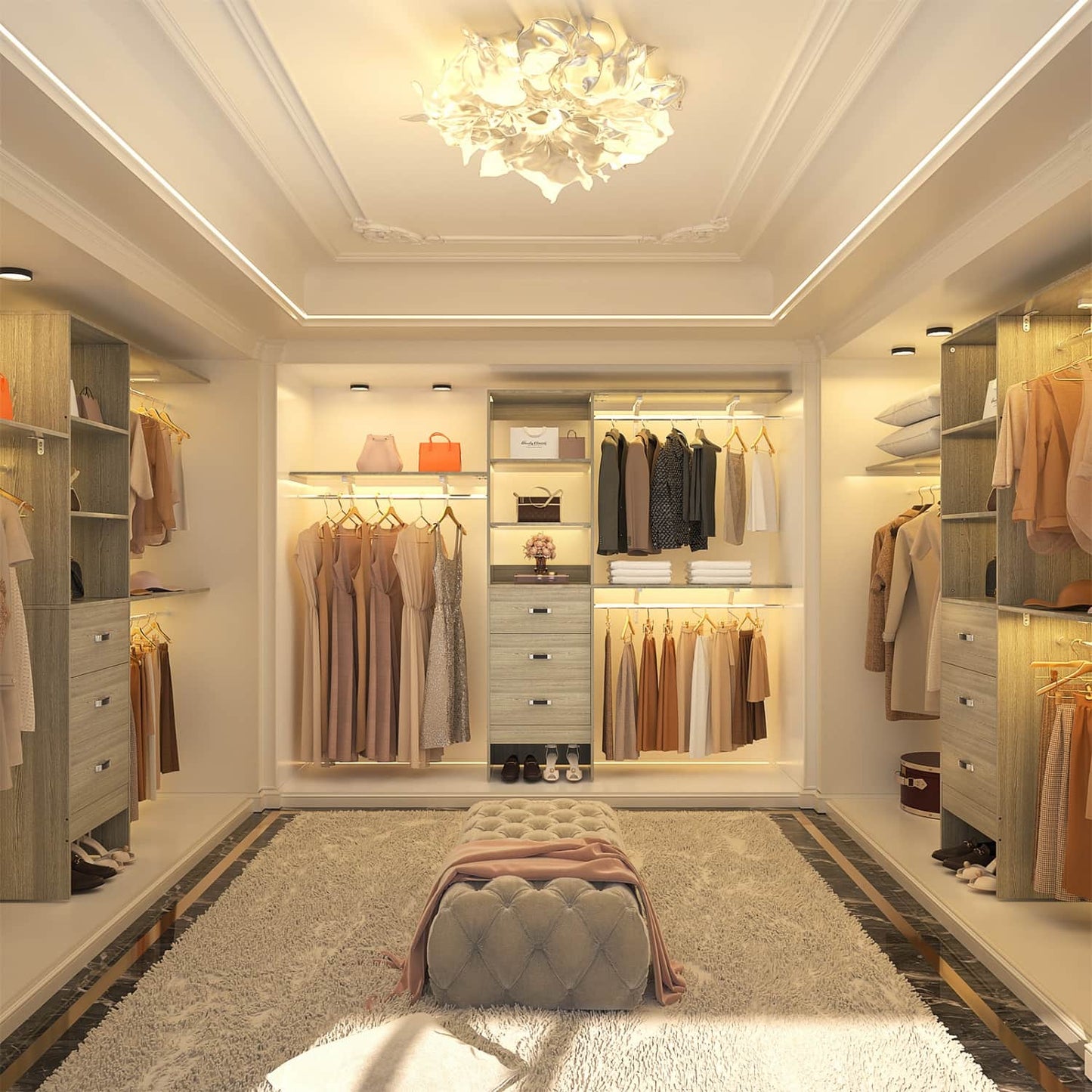 96-In Closet Organizer with Wood Drawers, Closet System with Hanging Rods and Storage Shelves