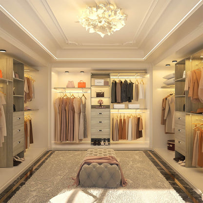 96-In Closet Organizer with Wood Drawers, Closet System with Hanging Rods and Storage Shelves