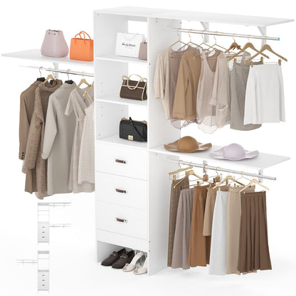 96-In Closet Organizer with Wood Drawers, Closet System with Hanging Rods and Storage Shelves