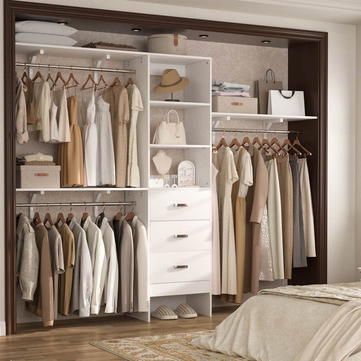 96-In Closet Organizer with Wood Drawers, Closet System with Hanging Rods and Storage Shelves
