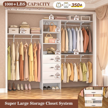 96-In Closet Organizer with Wood Drawers, Closet System with Hanging Rods and Storage Shelves
