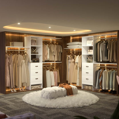96-In Closet Organizer with Wood Drawers, Closet System with Hanging Rods and Storage Shelves