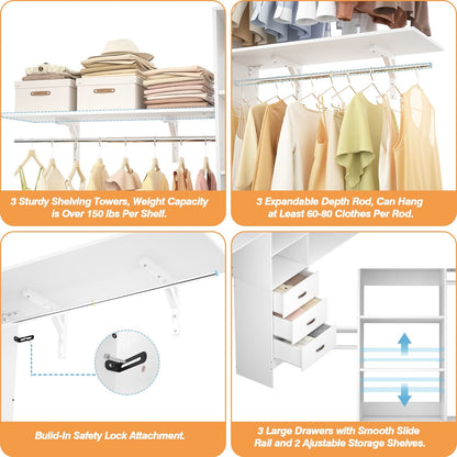 96-In Closet Organizer with Wood Drawers, Closet System with Hanging Rods and Storage Shelves