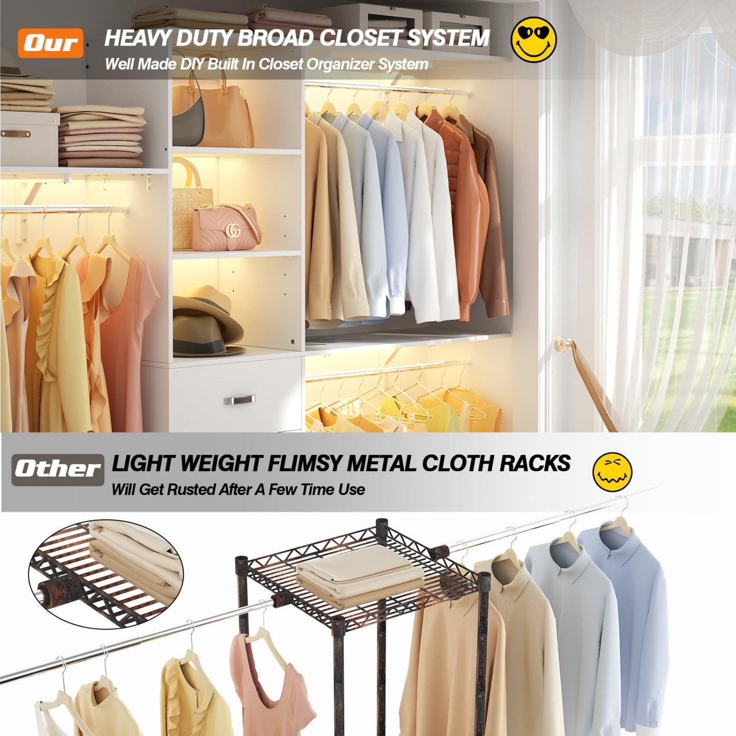 96-In Closet Organizer with Wood Drawers, Closet System with Hanging Rods and Storage Shelves