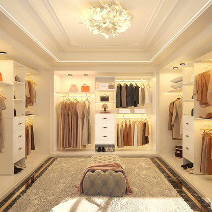 96-In Closet Organizer with Wood Drawers, Closet System with Hanging Rods and Storage Shelves