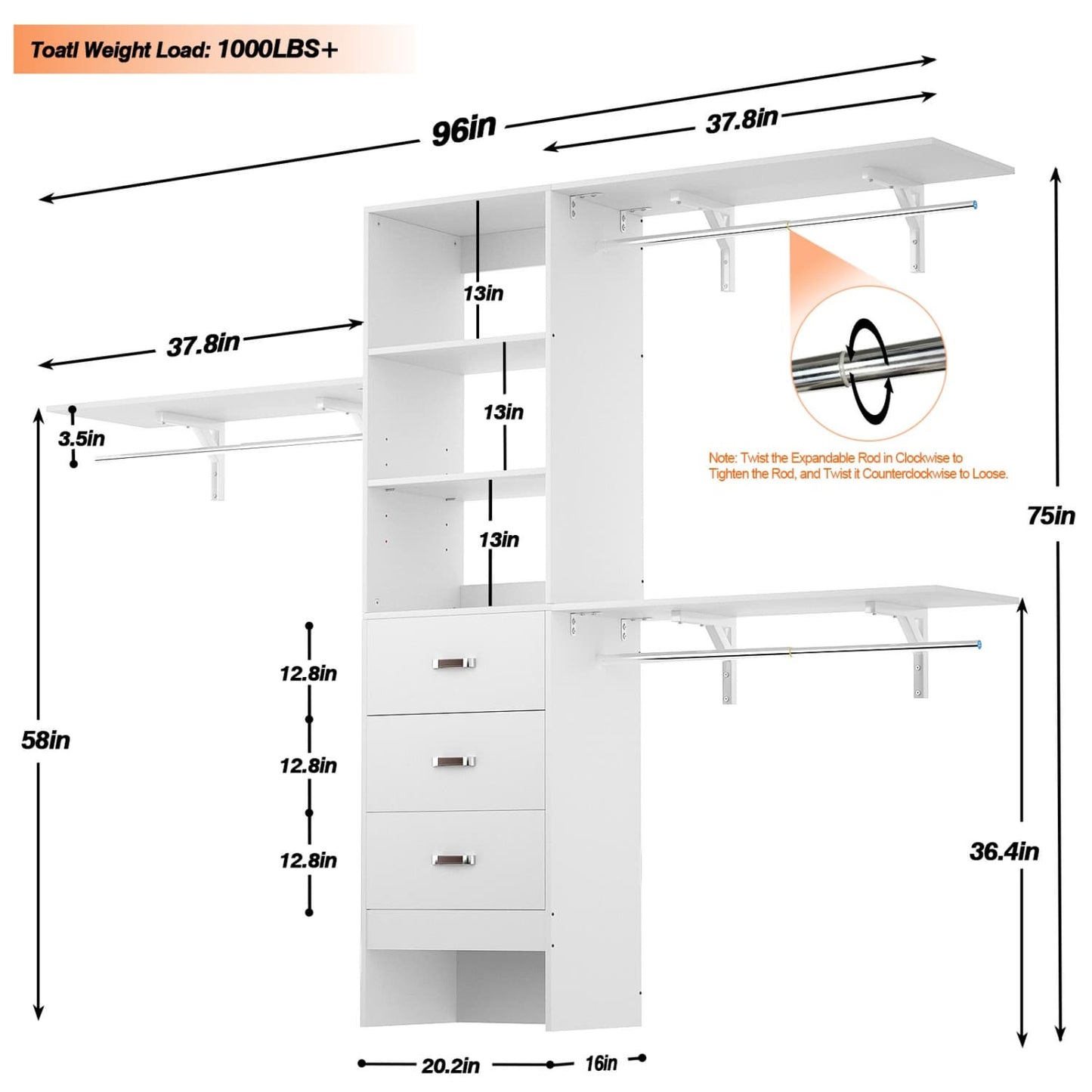 96-In Closet Organizer with Wood Drawers, Closet System with Hanging Rods and Storage Shelves