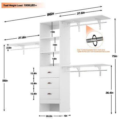 96-In Closet Organizer with Wood Drawers, Closet System with Hanging Rods and Storage Shelves