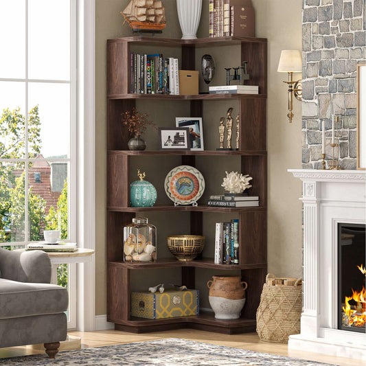 5-tier Corner Bookshelf, Space-saving Bookcase Display Storage Shelf