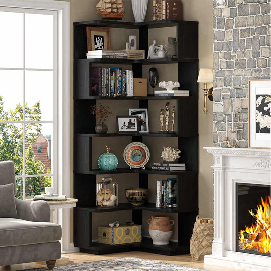 6-tier Corner Bookshelf, Space-saving Bookcase Display Storage Shelf