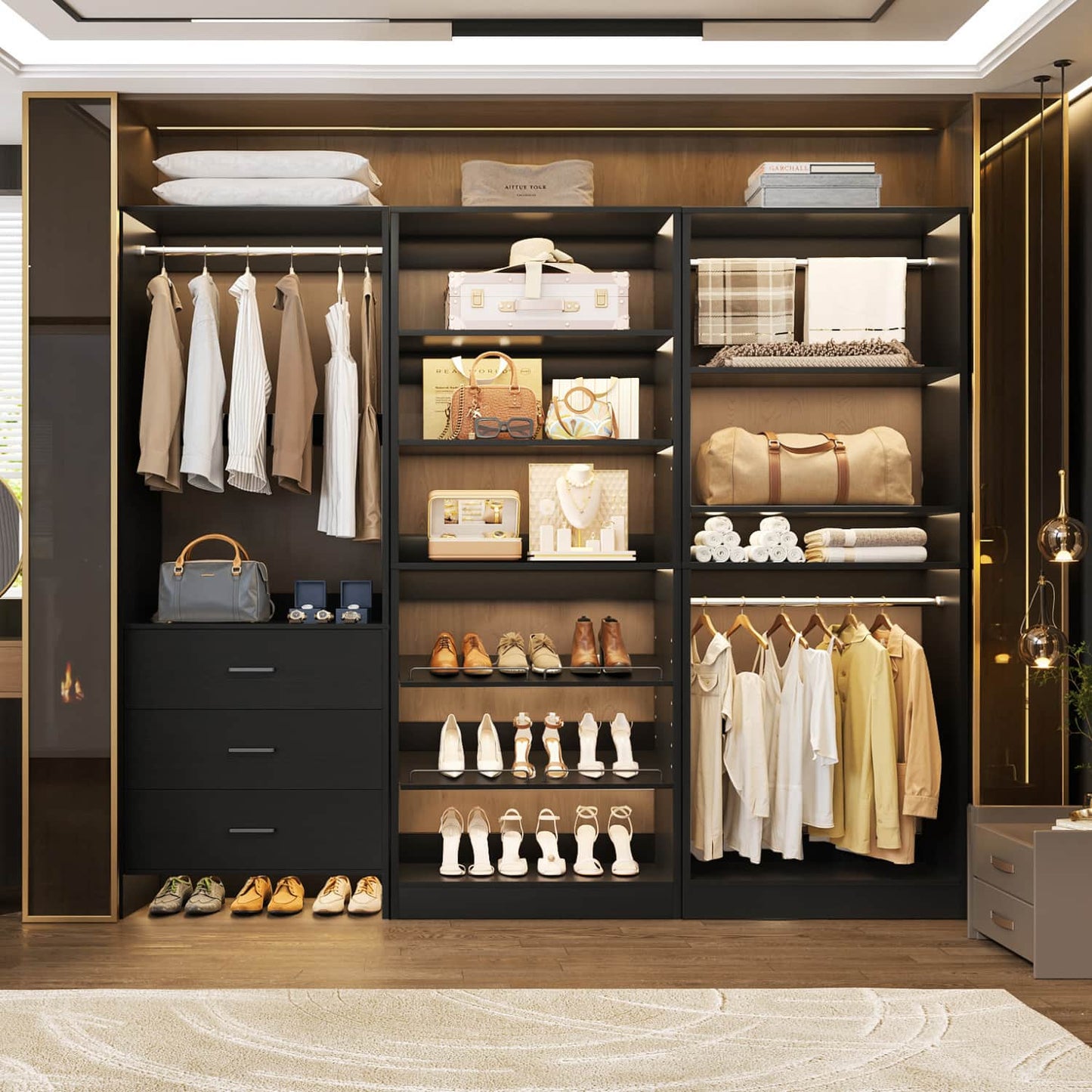 Closet System with Adjustable Shoe Shelves and Drawers