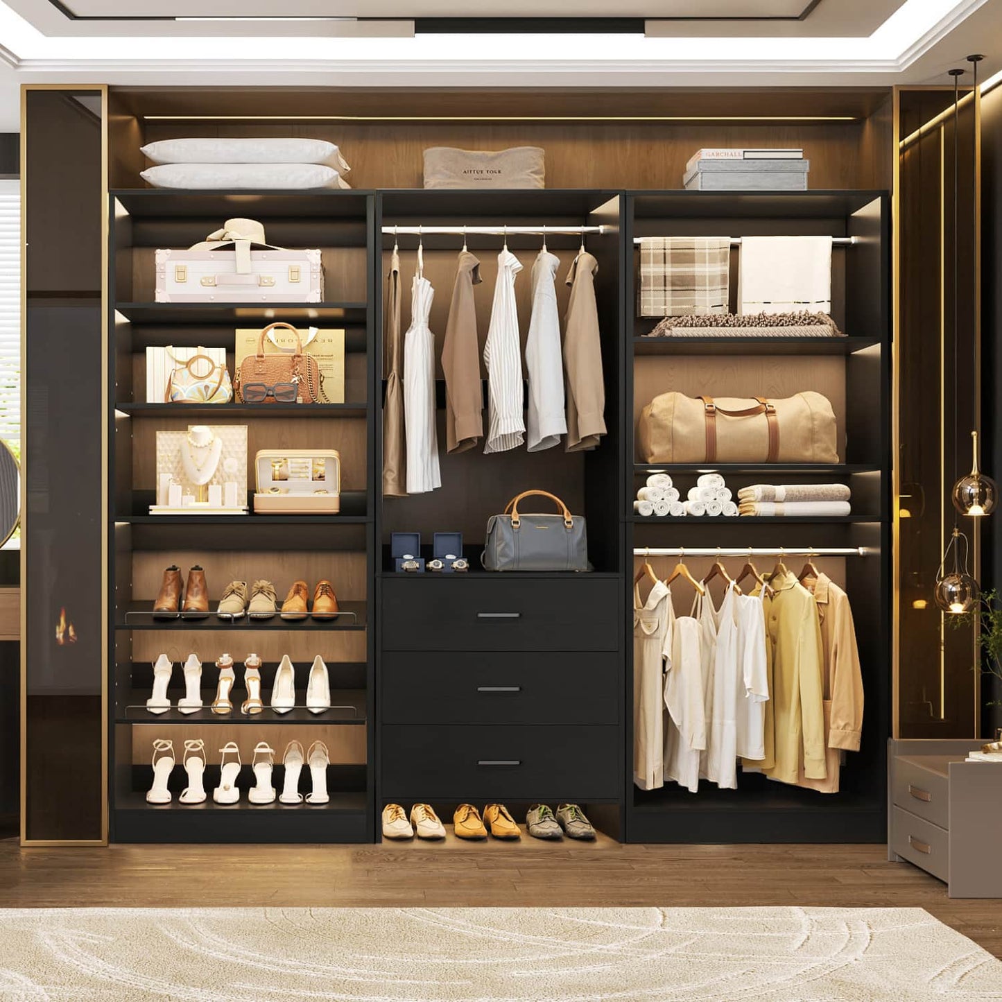 Closet System with Adjustable Shoe Shelves and Drawers