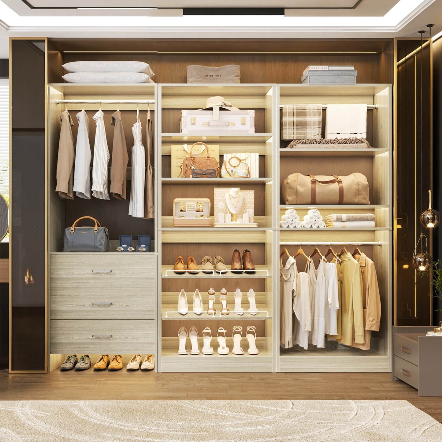 Closet System with Adjustable Shoe Shelves and Drawers