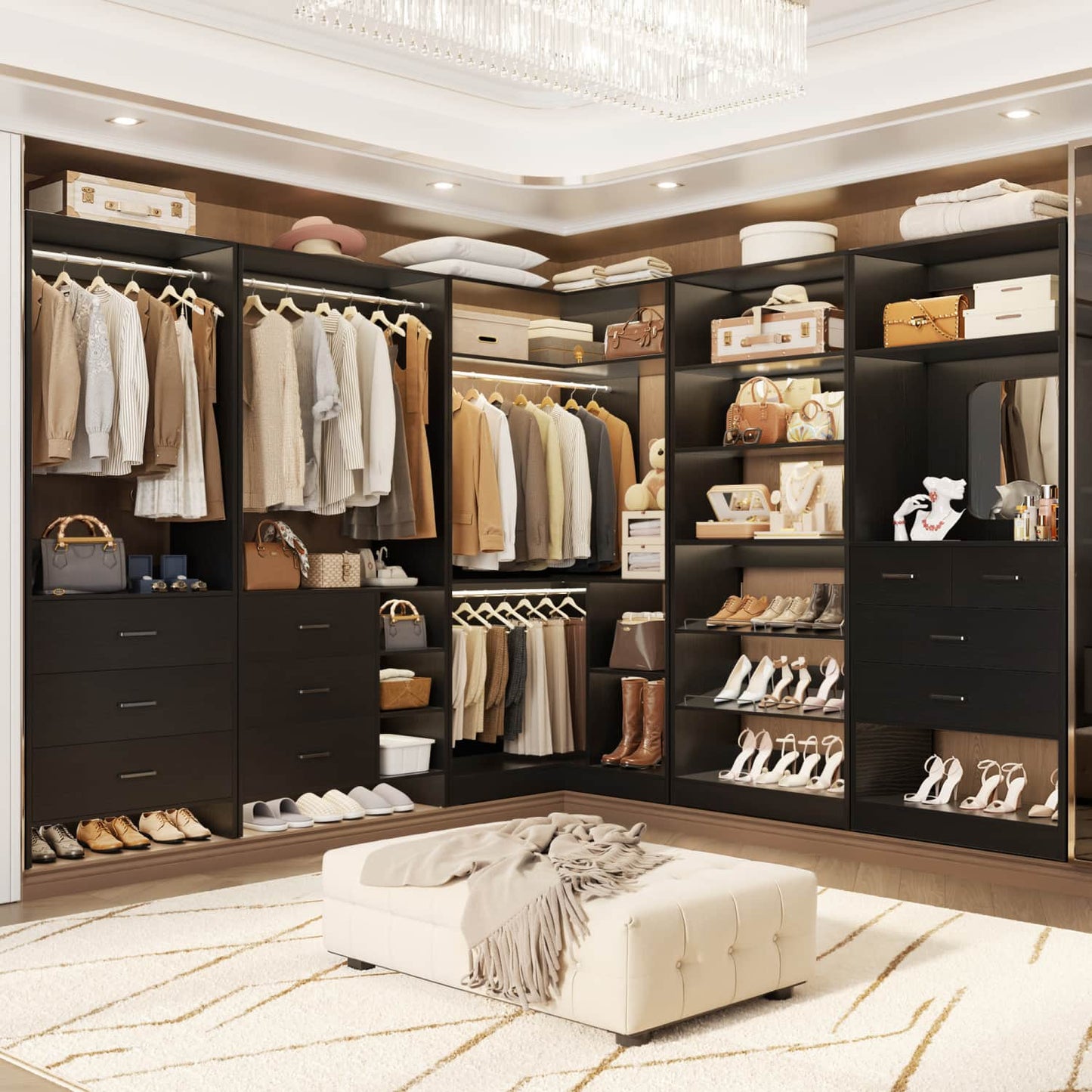 Closet System with Adjustable Shoe Shelves and Drawers