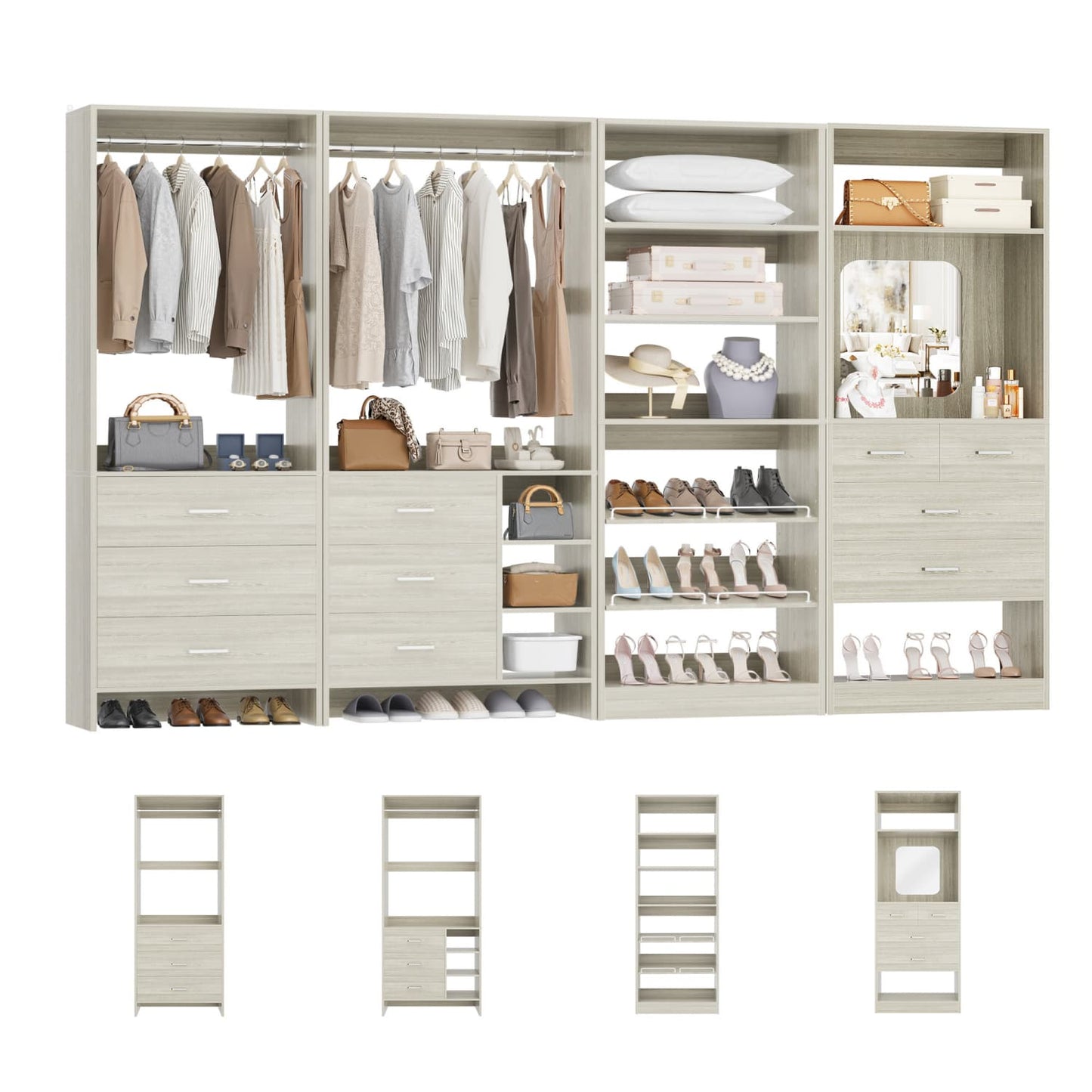 Closet System with Adjustable Shoe Shelves and Drawers