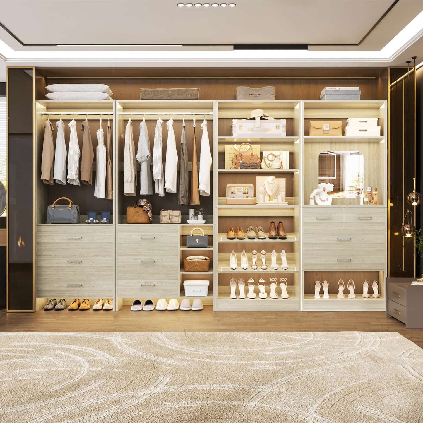 Closet System with Adjustable Shoe Shelves and Drawers