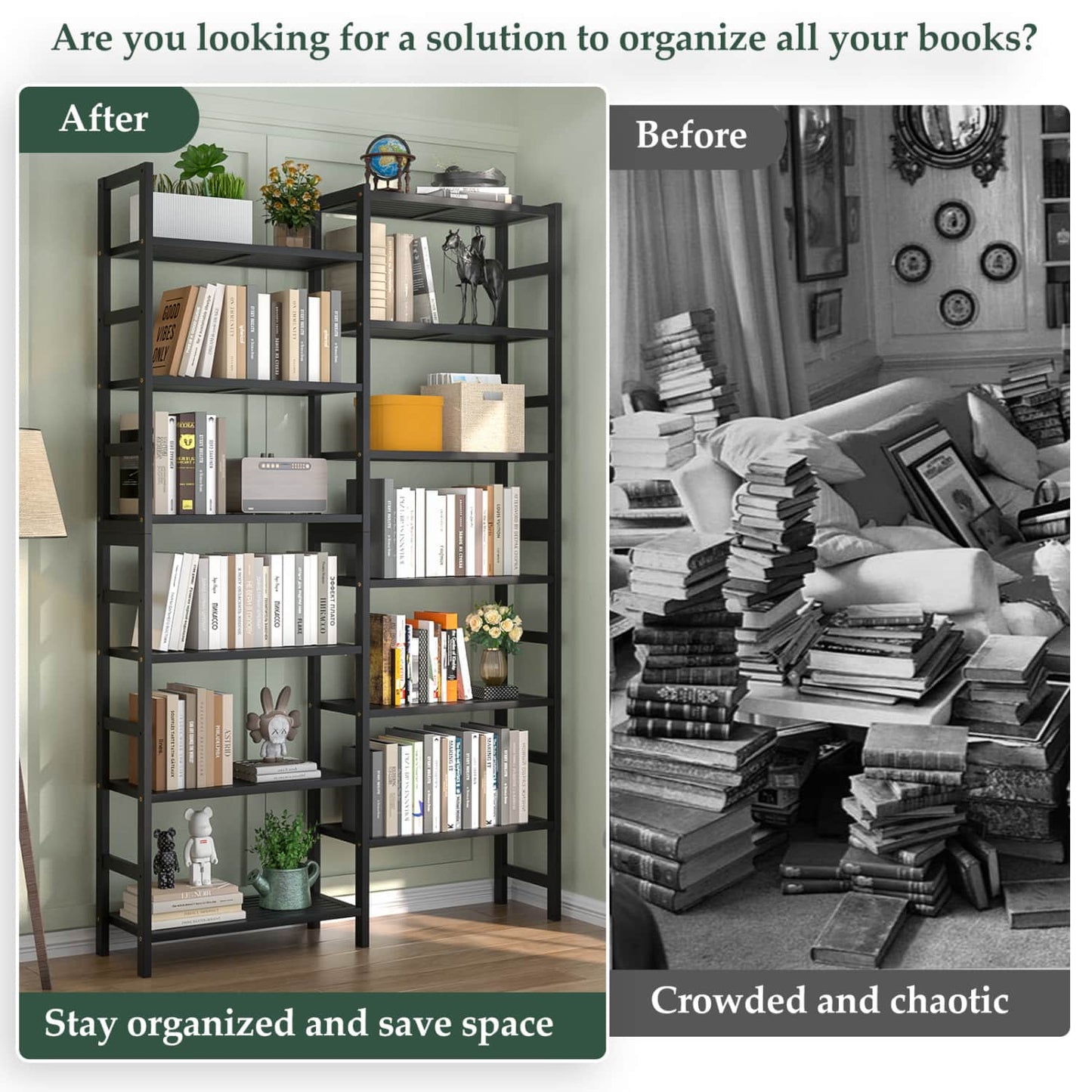 Dual Bamboo Bookshelf with 12 Open Shelves, 41-In  Display  Storage Shelving