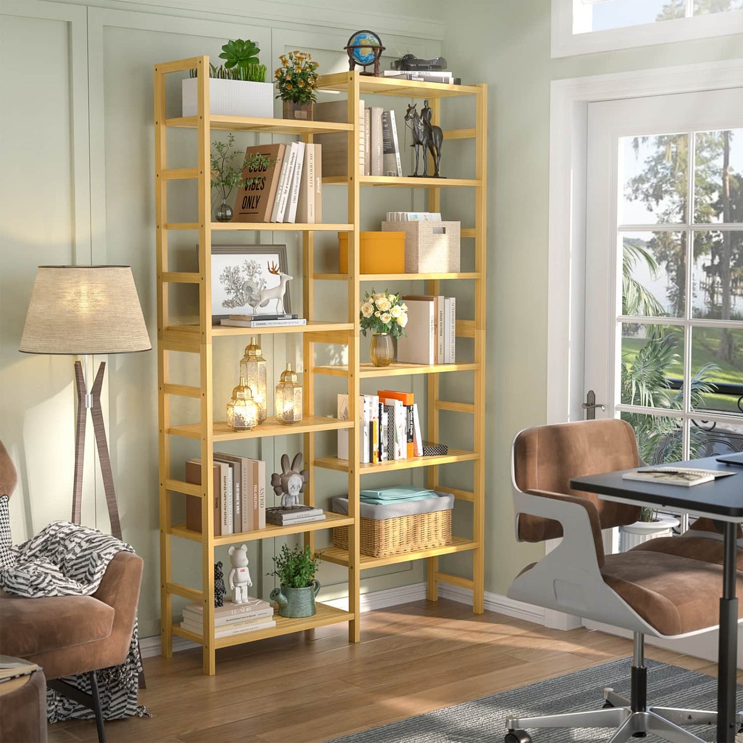 Dual Bamboo Bookshelf with 12 Open Shelves, 41-In  Display  Storage Shelving