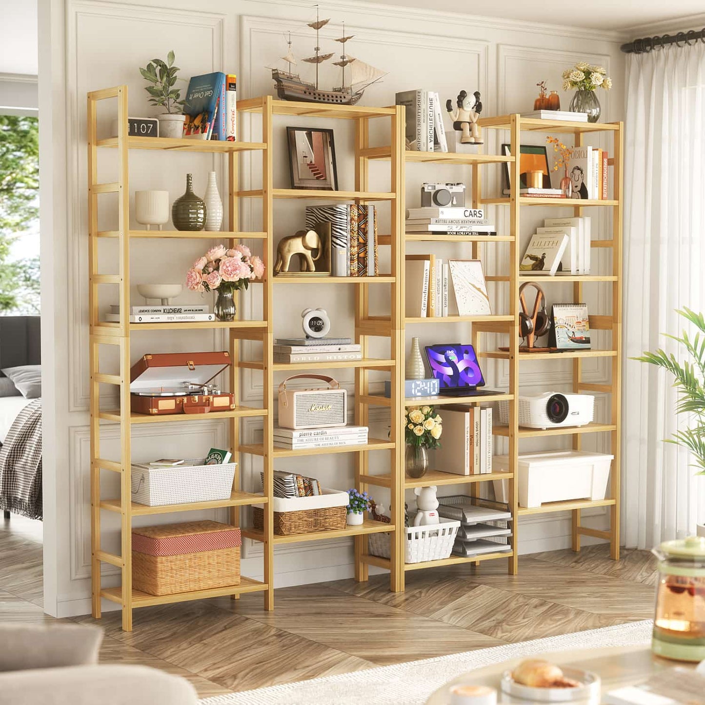 Dual Bamboo Bookshelf with 12 Open Shelves, 41-In  Display  Storage Shelving