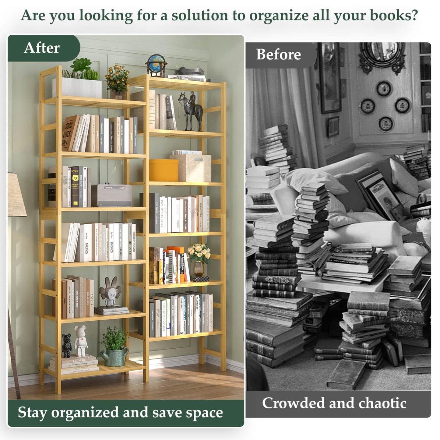 Dual Bamboo Bookshelf with 12 Open Shelves, 41-In  Display  Storage Shelving