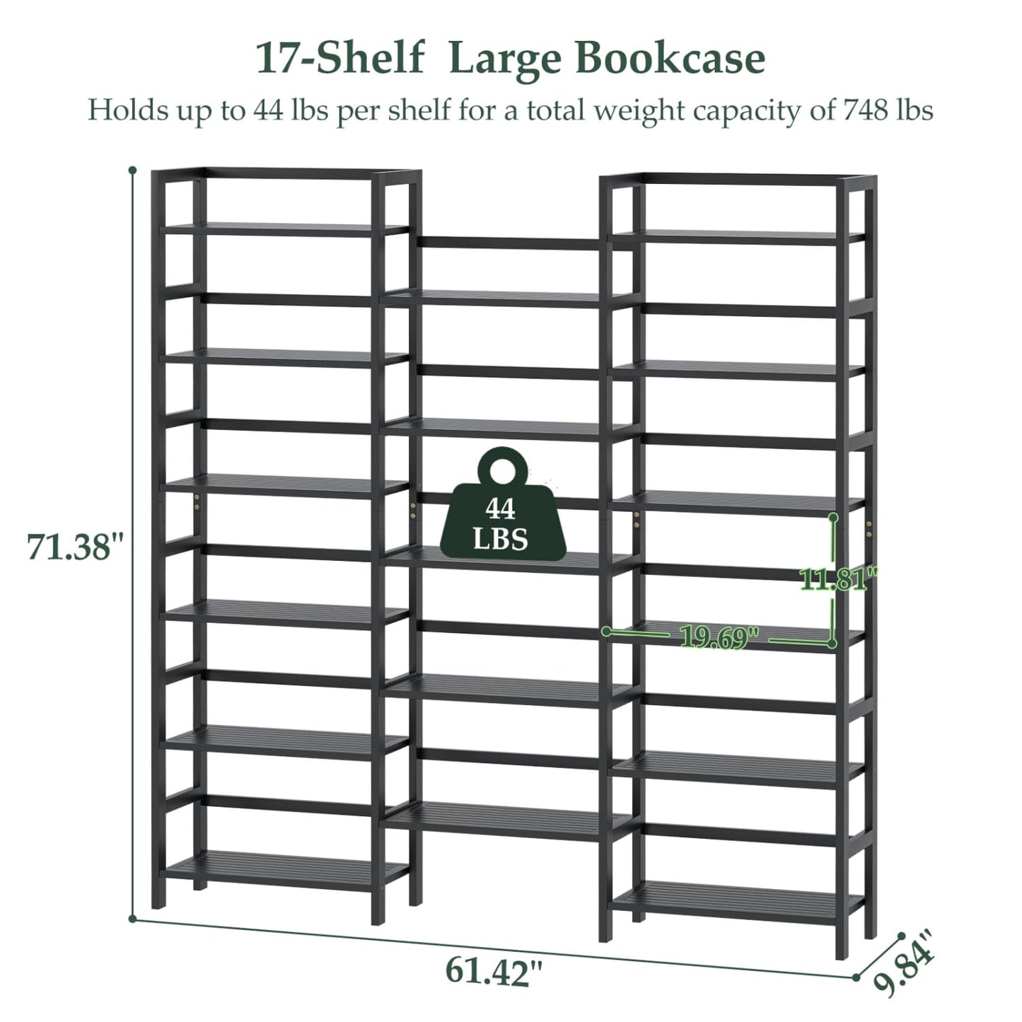 6-Tier Bamboo Bookshelf with 17 Display Shelves, 61-In Wide Open Bookcase