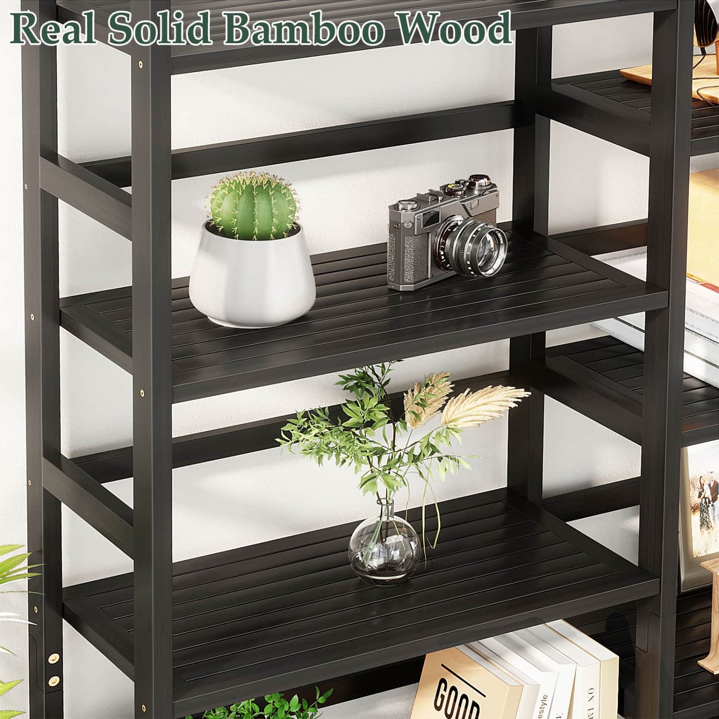 6-Tier Bamboo Bookshelf with 17 Display Shelves, 61-In Wide Open Bookcase