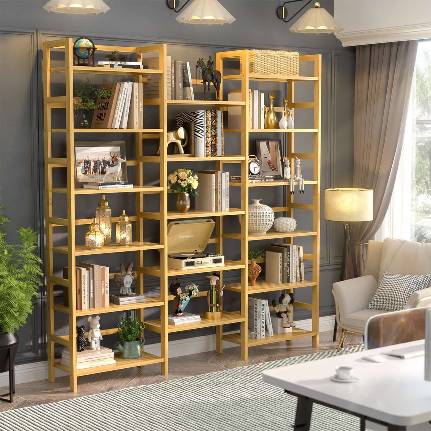 6-Tier Bamboo Bookshelf with 17 Display Shelves, 61-In Wide Open Bookcase