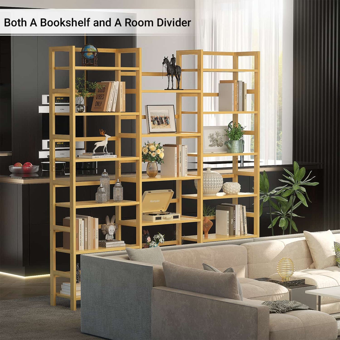 6-Tier Bamboo Bookshelf with 17 Display Shelves, 61-In Wide Open Bookcase
