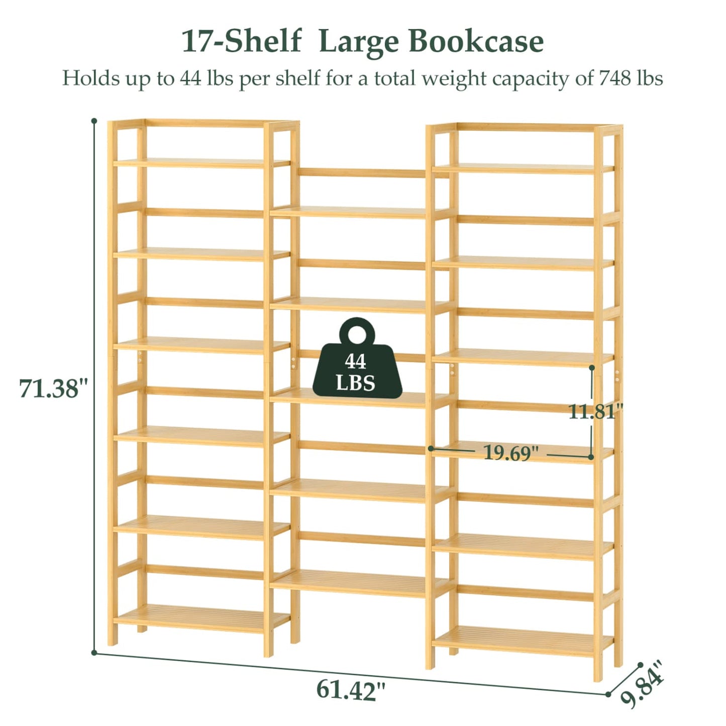 6-Tier Bamboo Bookshelf with 17 Display Shelves, 61-In Wide Open Bookcase