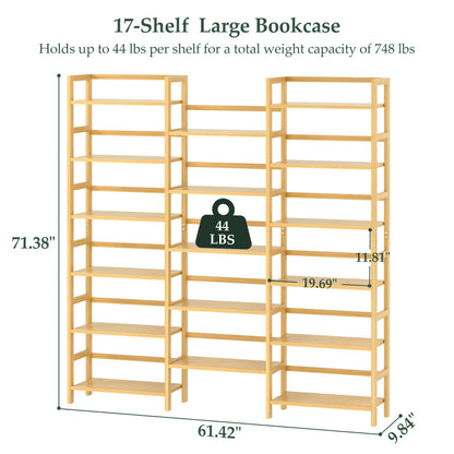 6-Tier Bamboo Bookshelf with 17 Display Shelves, 61-In Wide Open Bookcase