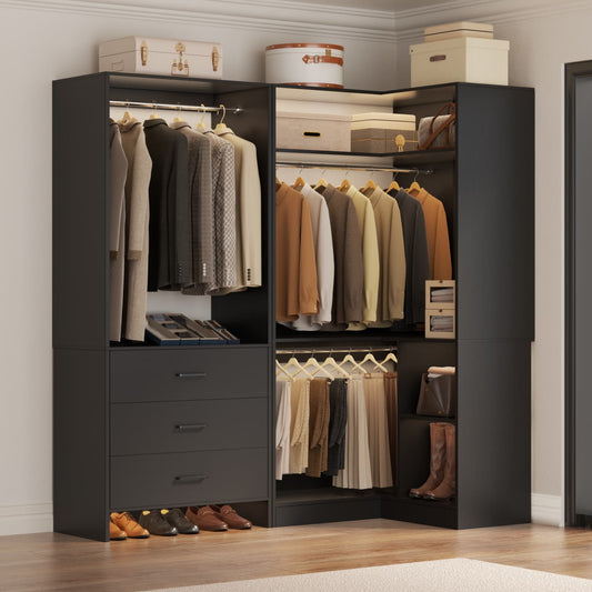 57-In Corner Closet System Set with Wood Drawers, Freestanding Closet Organizer with Hanging Rods