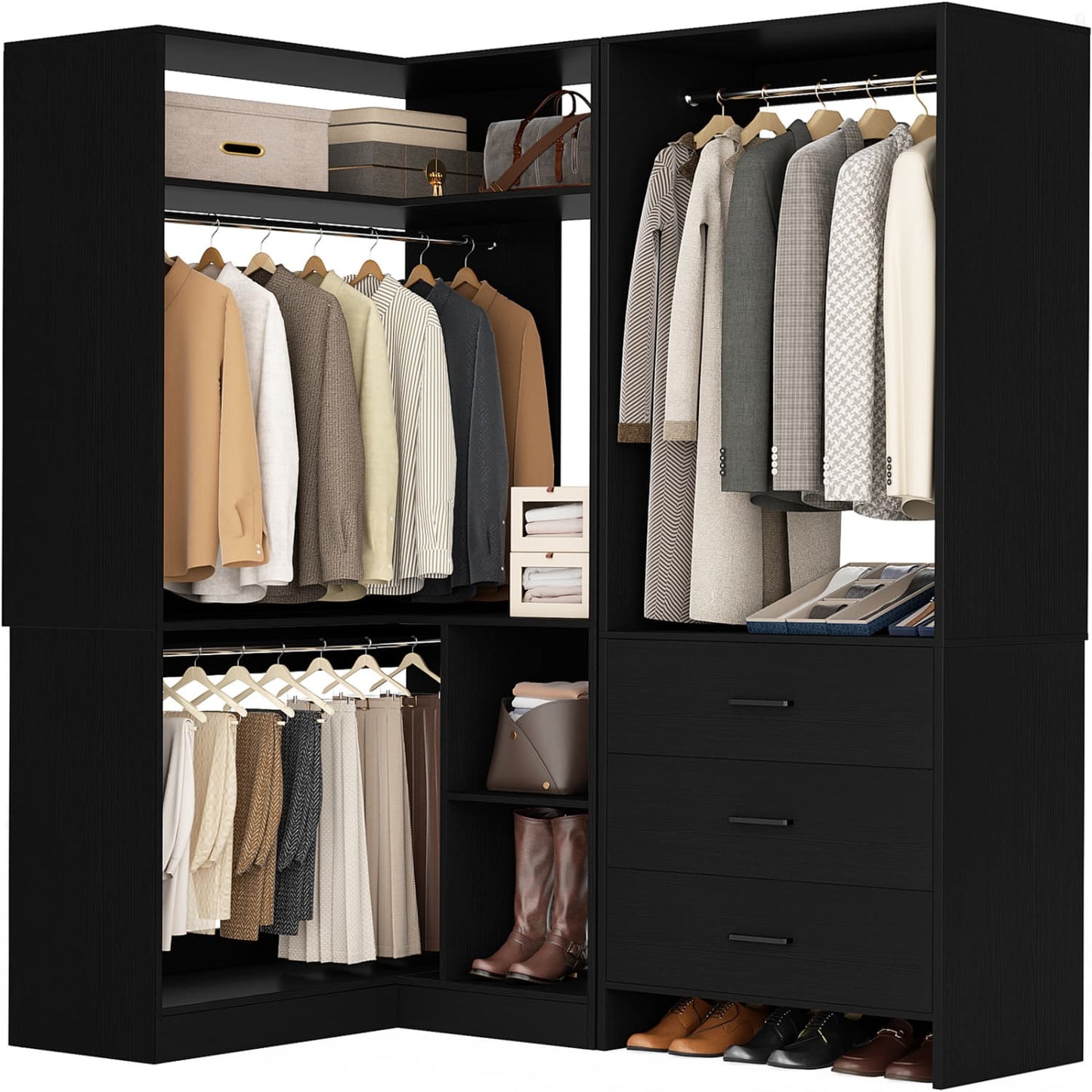 57-In Corner Closet System Set with Wood Drawers, Freestanding Closet Organizer with Hanging Rods