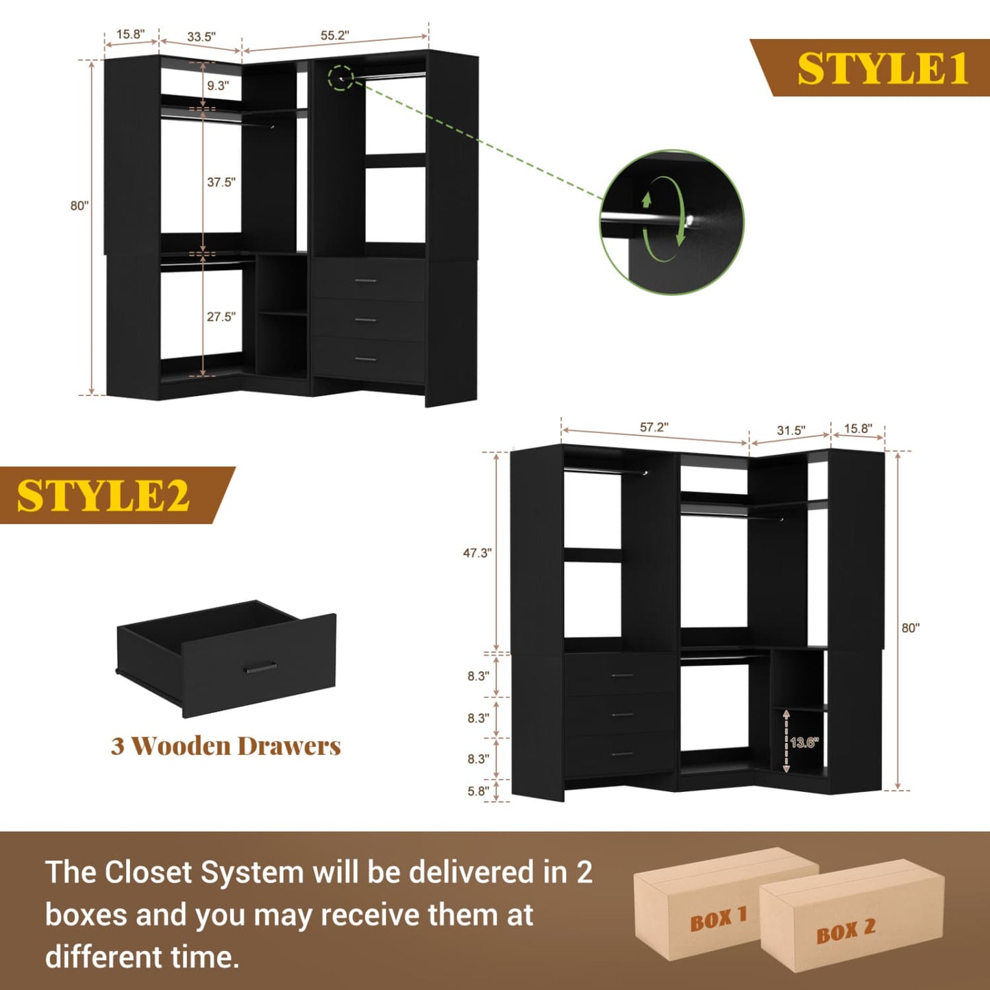 57-In Corner Closet System Set with Wood Drawers, Freestanding Closet Organizer with Hanging Rods