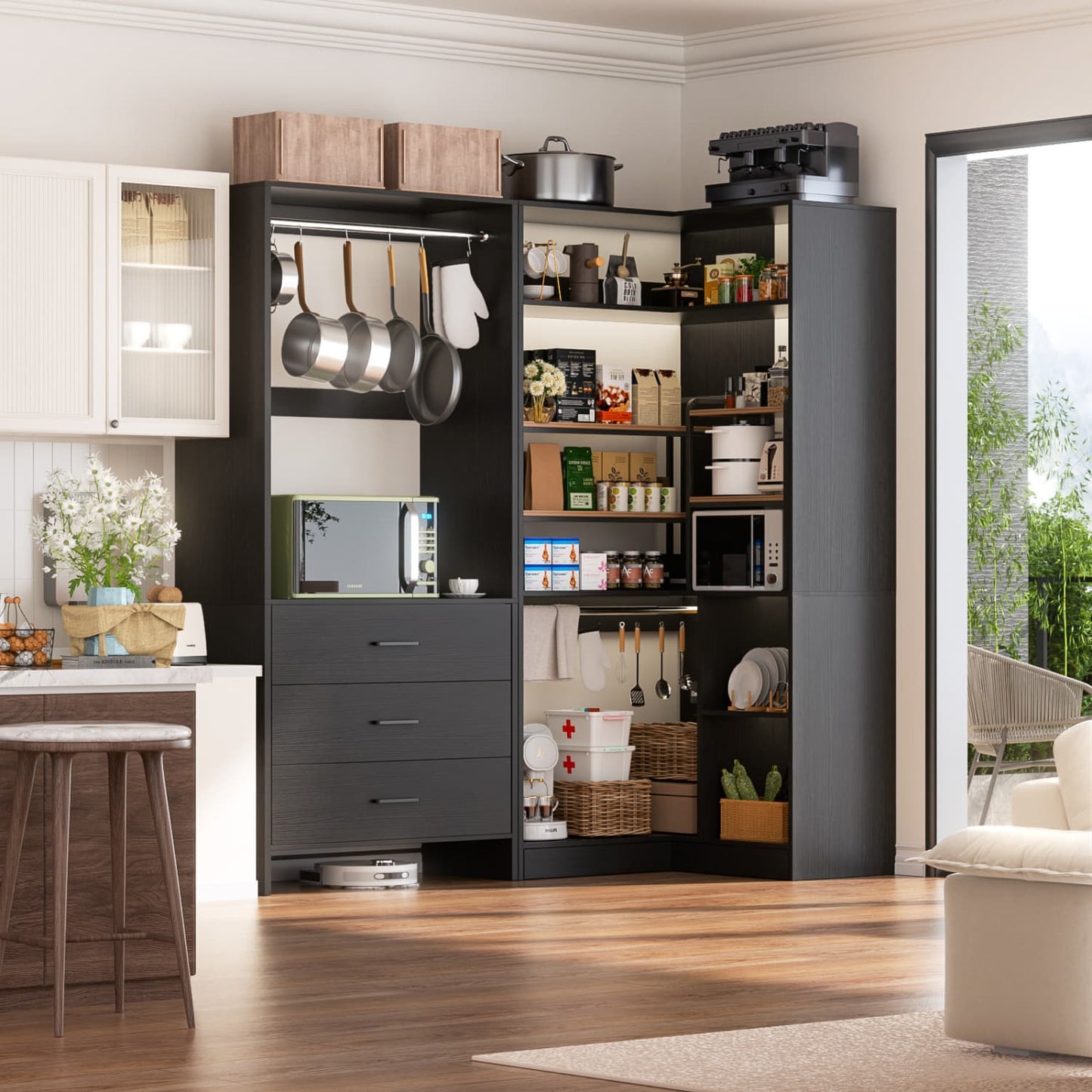 57-In Corner Closet System Set with Wood Drawers, Freestanding Closet Organizer with Hanging Rods