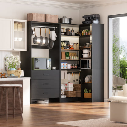 57-In Corner Closet System Set with Wood Drawers, Freestanding Closet Organizer with Hanging Rods