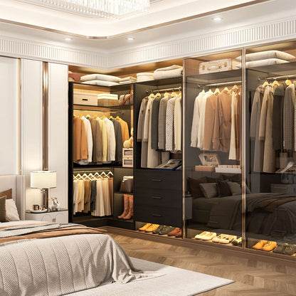 57-In Corner Closet System Set with Wood Drawers, Freestanding Closet Organizer with Hanging Rods