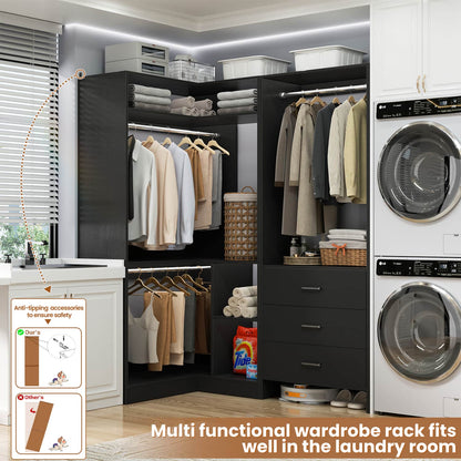 57-In Corner Closet System Set with Wood Drawers, Freestanding Closet Organizer with Hanging Rods