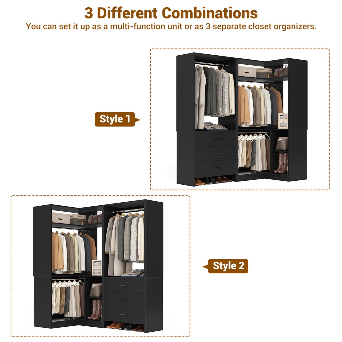 57-In Corner Closet System Set with Wood Drawers, Freestanding Closet Organizer with Hanging Rods