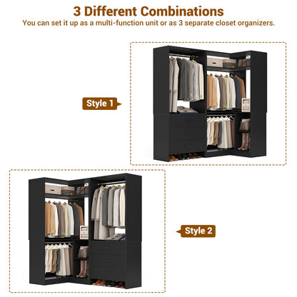 57-In Corner Closet System Set with Wood Drawers, Freestanding Closet Organizer with Hanging Rods