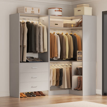 57-In Corner Closet System Set with Wood Drawers, Freestanding Closet Organizer with Hanging Rods