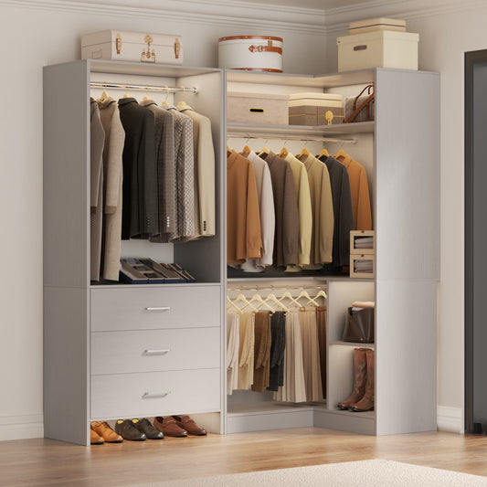 57-In Corner Closet System Set with Wood Drawers, Freestanding Closet Organizer with Hanging Rods