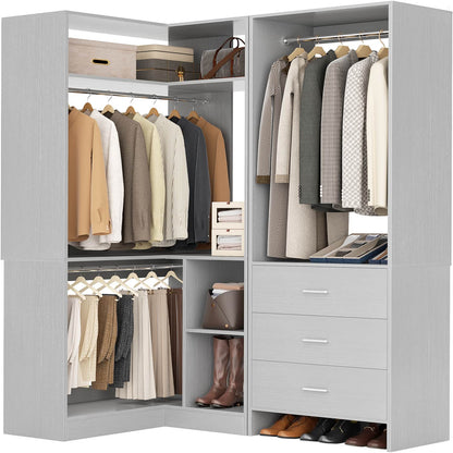 57-In Corner Closet System Set with Wood Drawers, Freestanding Closet Organizer with Hanging Rods
