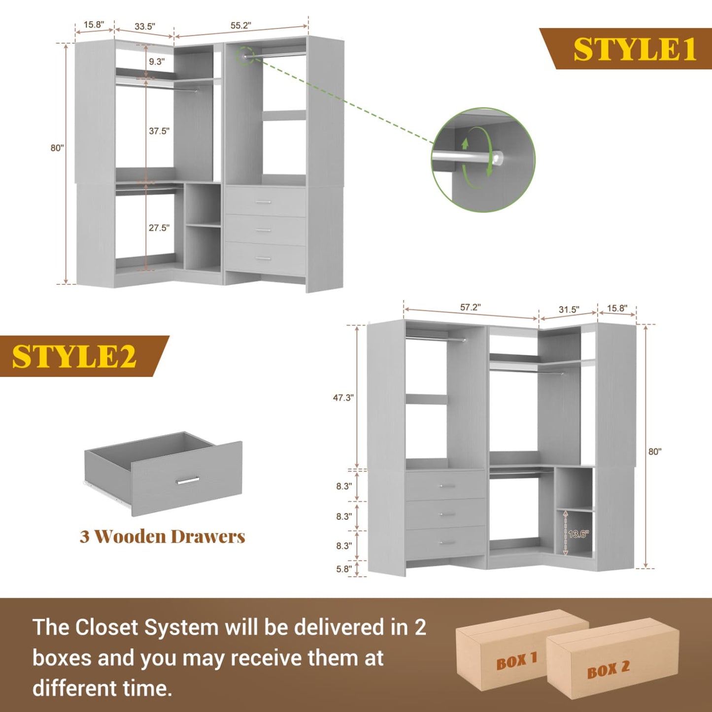 57-In Corner Closet System Set with Wood Drawers, Freestanding Closet Organizer with Hanging Rods