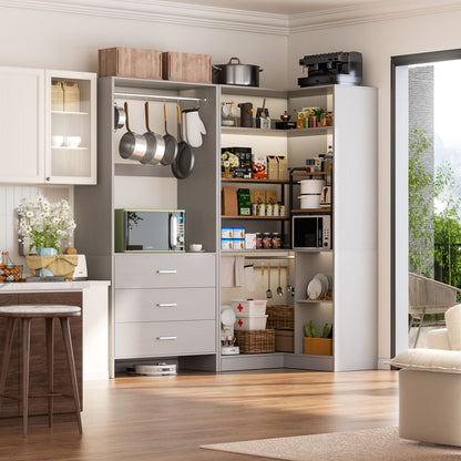 57-In Corner Closet System Set with Wood Drawers, Freestanding Closet Organizer with Hanging Rods