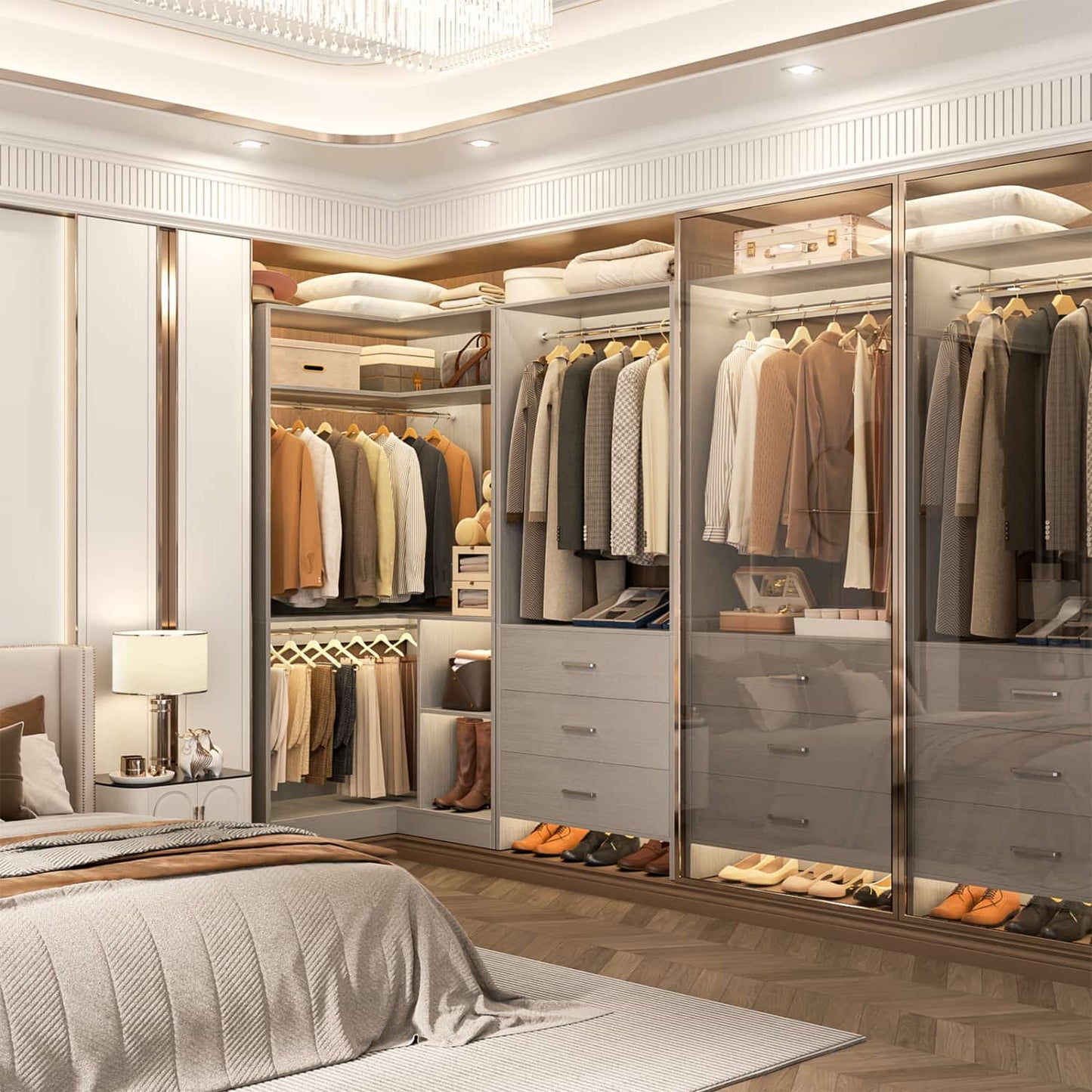 57-In Corner Closet System Set with Wood Drawers, Freestanding Closet Organizer with Hanging Rods